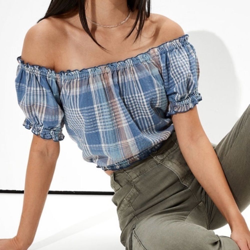 American Eagle Blue Plaid Cowgirl Crop Top